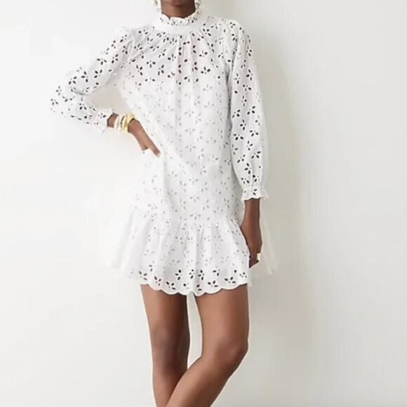J. Crew Dresses & Skirts - NWT J. Crew Ruffle Neck Mini Dress in White Eyelet